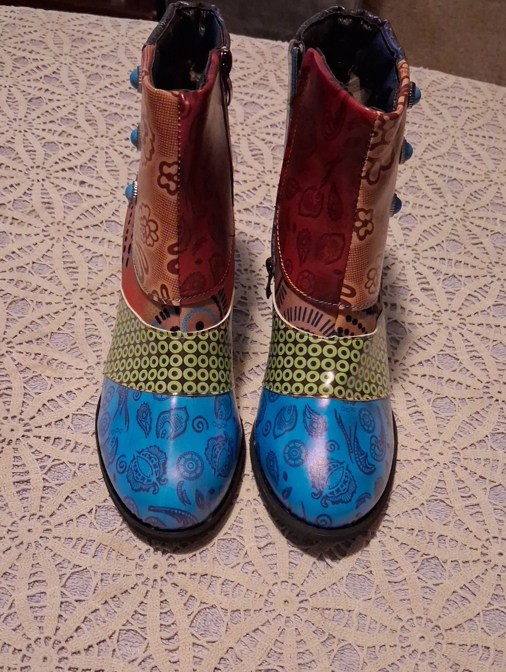 Bold Multi-Color Patterned Ankle Booties - Blue, Green & Brown